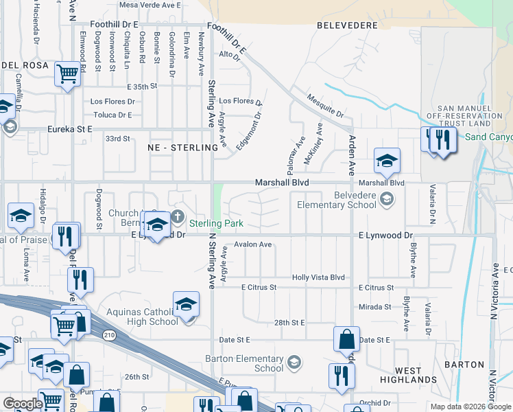map of restaurants, bars, coffee shops, grocery stores, and more near 2127 Jacaranda Court in San Bernardino