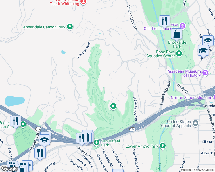 map of restaurants, bars, coffee shops, grocery stores, and more near 1265 Chateau Road in Pasadena