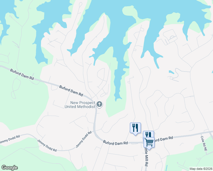 map of restaurants, bars, coffee shops, grocery stores, and more near 1101 Pine Tree Drive in Buford