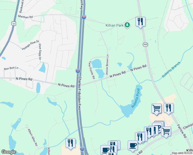 map of restaurants, bars, coffee shops, grocery stores, and more near 97 Twin Ponds Road in Blythewood