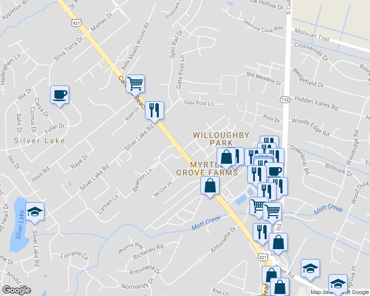 map of restaurants, bars, coffee shops, grocery stores, and more near 1402 Willoughby Park Road in Wilmington