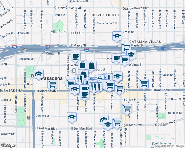map of restaurants, bars, coffee shops, grocery stores, and more near 127 North El Molino Avenue in Pasadena