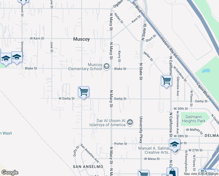 map of restaurants, bars, coffee shops, grocery stores, and more near 2860 North Macy Street in Muscoy