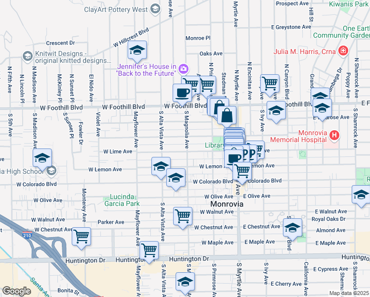 map of restaurants, bars, coffee shops, grocery stores, and more near 245 West Lemon Avenue in Monrovia