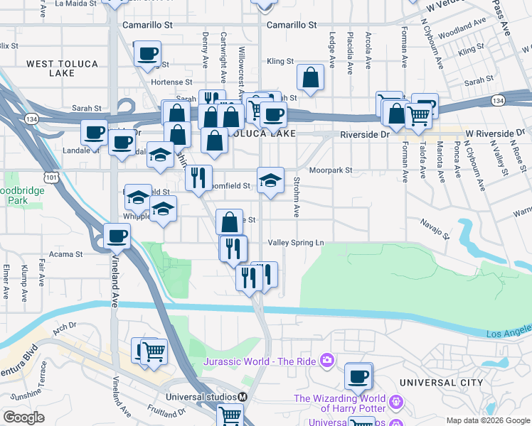 map of restaurants, bars, coffee shops, grocery stores, and more near 4310 Cahuenga Boulevard in Los Angeles