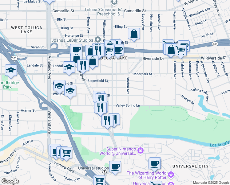 map of restaurants, bars, coffee shops, grocery stores, and more near 4310 Cahuenga Boulevard in Los Angeles
