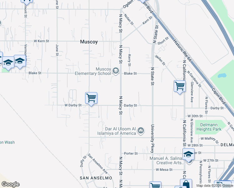 map of restaurants, bars, coffee shops, grocery stores, and more near 2860 North Macy Street in Muscoy