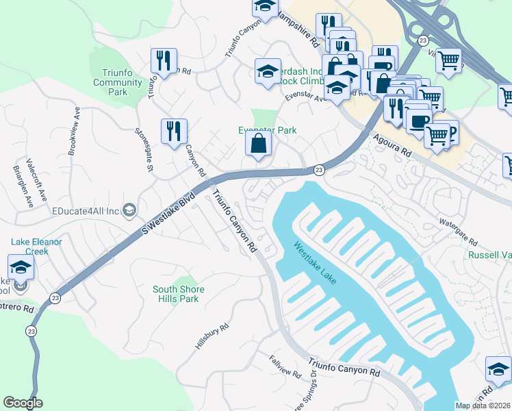 map of restaurants, bars, coffee shops, grocery stores, and more near 1176 South Westlake Boulevard in Westlake Village