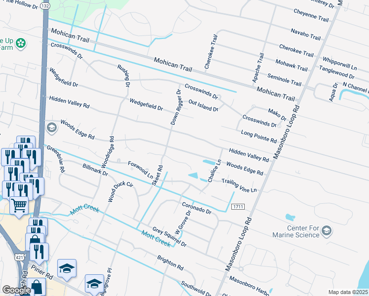 map of restaurants, bars, coffee shops, grocery stores, and more near 5021 Woods Edge Road in Wilmington