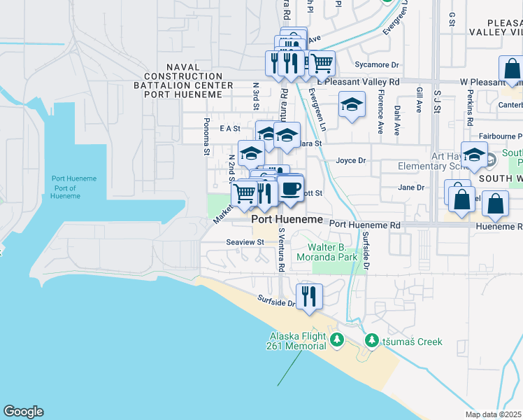 map of restaurants, bars, coffee shops, grocery stores, and more near 175 North Ventura Road in Port Hueneme