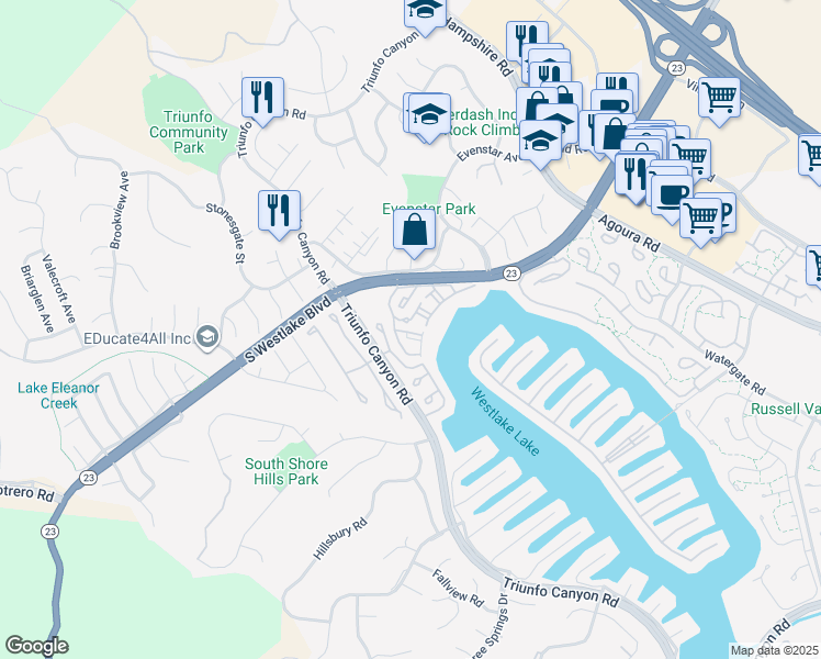 map of restaurants, bars, coffee shops, grocery stores, and more near 1222 South Westlake Boulevard in Westlake Village