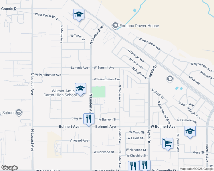 map of restaurants, bars, coffee shops, grocery stores, and more near 1388 Nicholas Court in Rialto