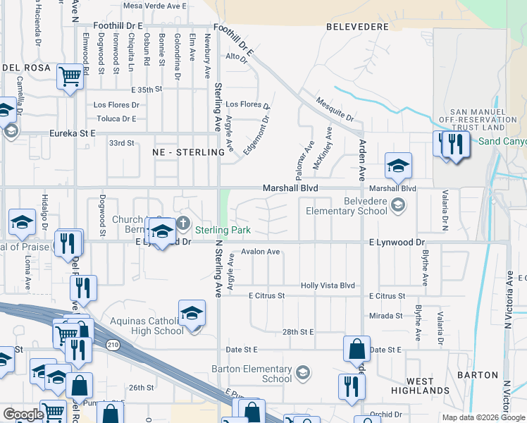 map of restaurants, bars, coffee shops, grocery stores, and more near 2127 Jacaranda Court in San Bernardino