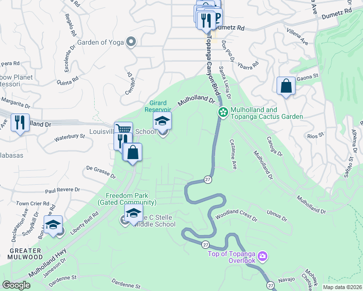 map of restaurants, bars, coffee shops, grocery stores, and more near 22241 Alizondo Drive in Los Angeles