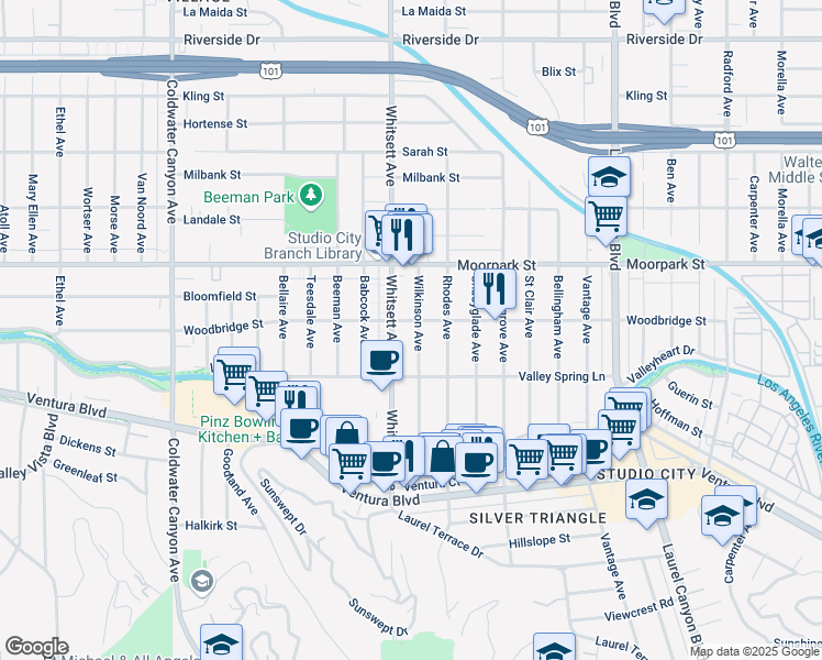 map of restaurants, bars, coffee shops, grocery stores, and more near 4312 Wilkinson Avenue in Los Angeles