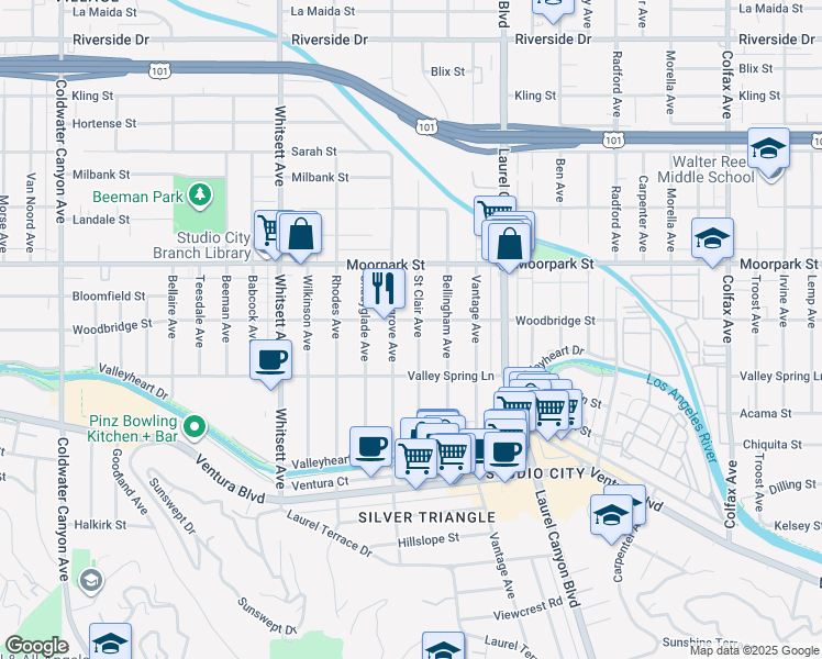 map of restaurants, bars, coffee shops, grocery stores, and more near 4255 Saint Clair Avenue in Los Angeles
