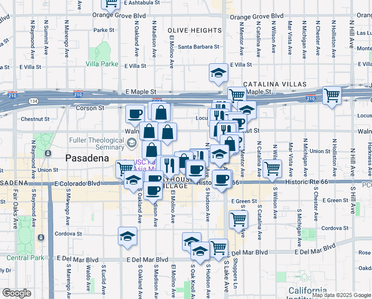 map of restaurants, bars, coffee shops, grocery stores, and more near 137 North Oak Knoll Avenue in Pasadena