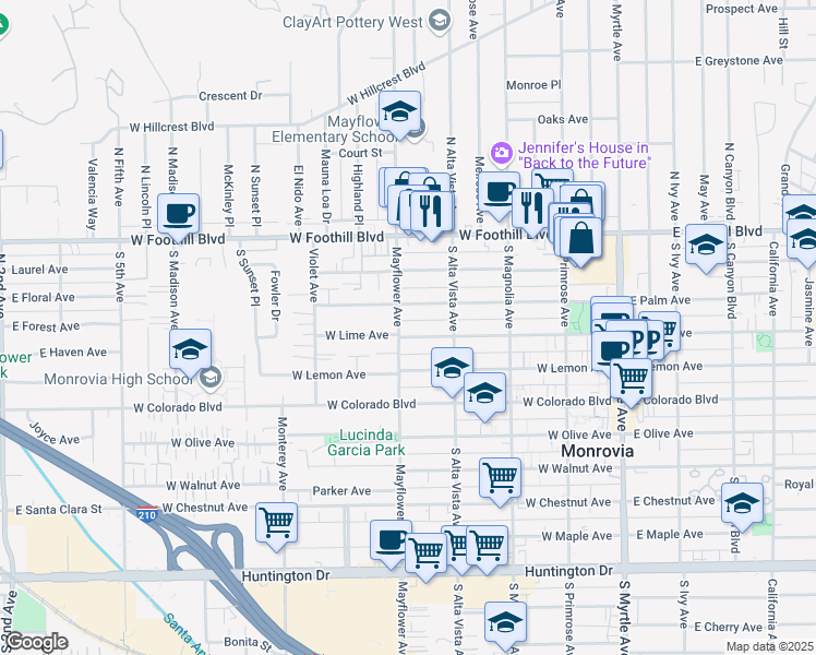 map of restaurants, bars, coffee shops, grocery stores, and more near 439 West Lime Avenue in Monrovia