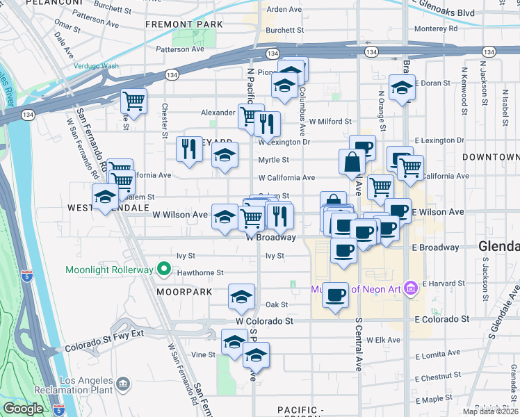 map of restaurants, bars, coffee shops, grocery stores, and more near 469 Salem Street in Glendale