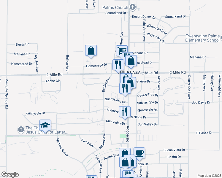 map of restaurants, bars, coffee shops, grocery stores, and more near 73589 Desert Trail Drive in Twentynine Palms
