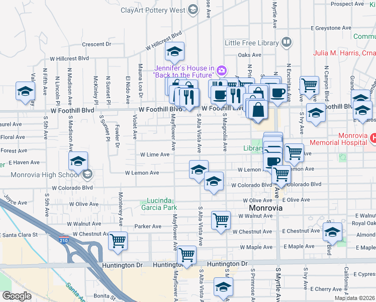 map of restaurants, bars, coffee shops, grocery stores, and more near 412 West Palm Avenue in Monrovia