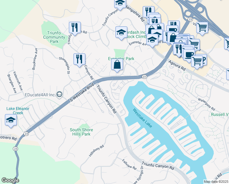 map of restaurants, bars, coffee shops, grocery stores, and more near 1222 South Westlake Boulevard in Westlake Village