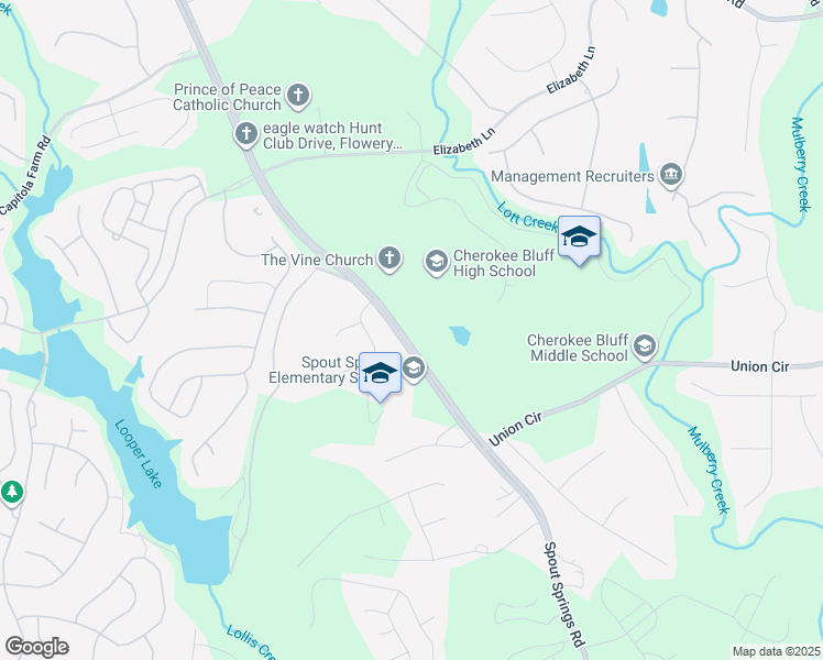 map of restaurants, bars, coffee shops, grocery stores, and more near 6603 Spout Springs Road in Flowery Branch