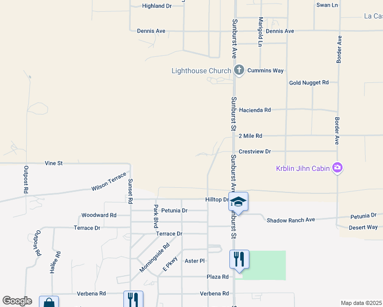 map of restaurants, bars, coffee shops, grocery stores, and more near Sunburst Drive in Joshua Tree