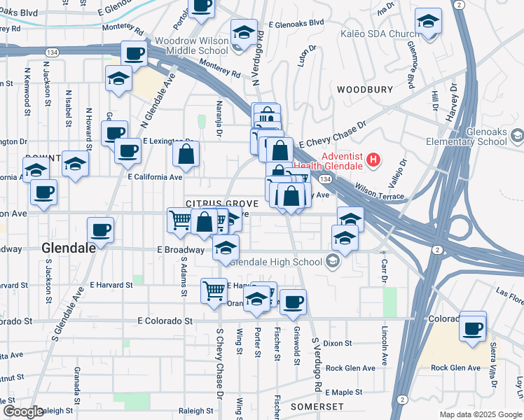 map of restaurants, bars, coffee shops, grocery stores, and more near 1300 Stanley Avenue in Glendale