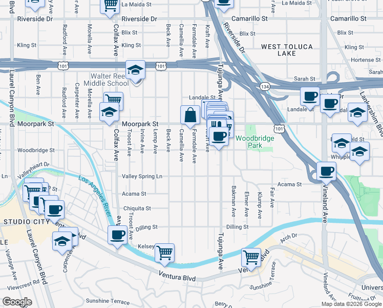 map of restaurants, bars, coffee shops, grocery stores, and more near 4329 Farmdale Avenue in Los Angeles