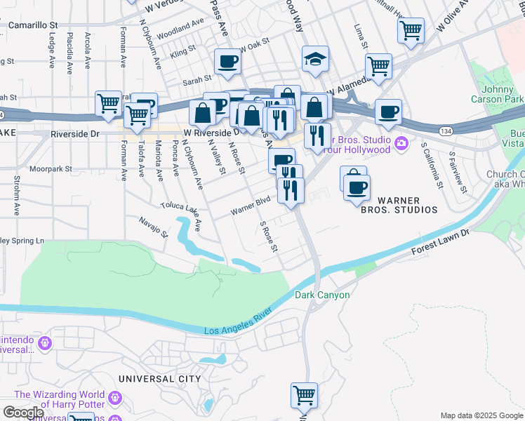 map of restaurants, bars, coffee shops, grocery stores, and more near 4140 Warner Boulevard in Burbank