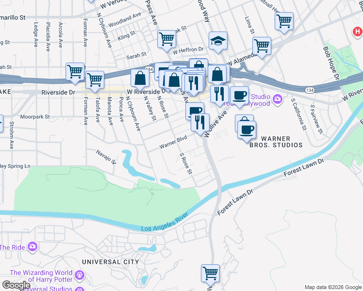 map of restaurants, bars, coffee shops, grocery stores, and more near 4129 Warner Boulevard in Burbank