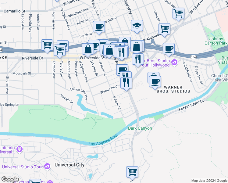 map of restaurants, bars, coffee shops, grocery stores, and more near 4140 Warner Boulevard in Burbank