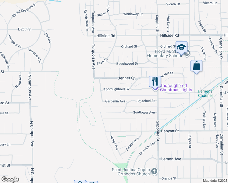 map of restaurants, bars, coffee shops, grocery stores, and more near 8025 Thoroughbred Street in Rancho Cucamonga
