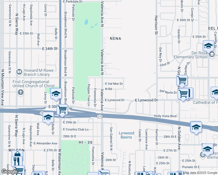 map of restaurants, bars, coffee shops, grocery stores, and more near 761 East Marshall Boulevard in San Bernardino