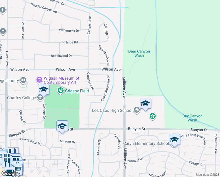 map of restaurants, bars, coffee shops, grocery stores, and more near 5895 Cedar Mountain Drive in Rancho Cucamonga