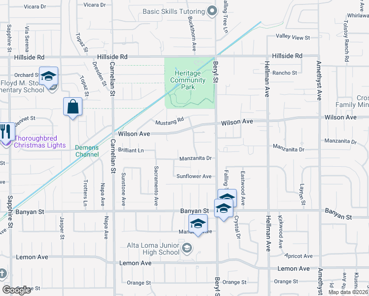 map of restaurants, bars, coffee shops, grocery stores, and more near 8959 Wilson Avenue in Rancho Cucamonga