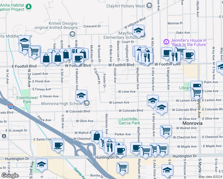 map of restaurants, bars, coffee shops, grocery stores, and more near 245 Violet Avenue in Monrovia