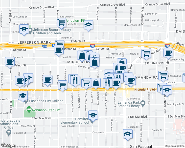 map of restaurants, bars, coffee shops, grocery stores, and more near 2104 East Walnut Street in Pasadena
