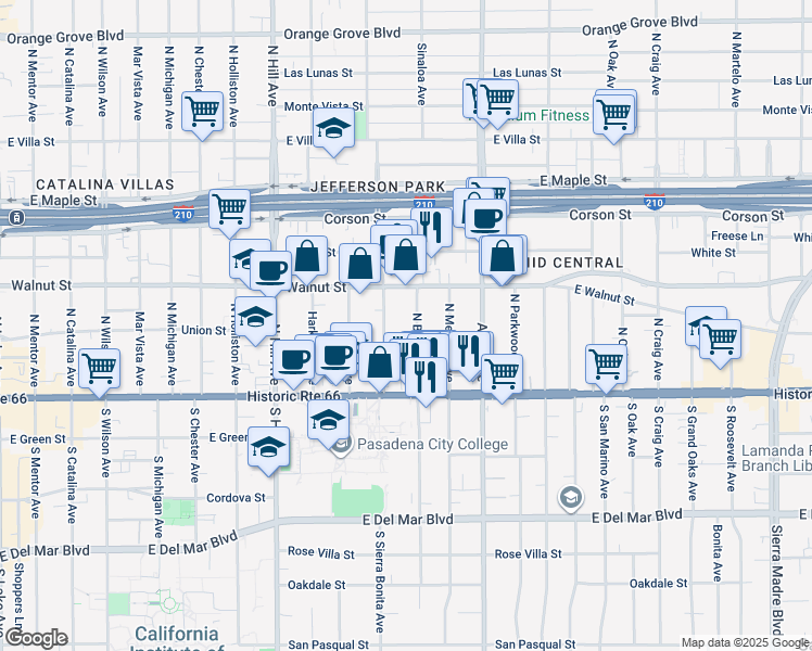 map of restaurants, bars, coffee shops, grocery stores, and more near 165 North Bonnie Avenue in Pasadena