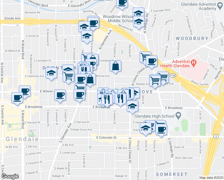 map of restaurants, bars, coffee shops, grocery stores, and more near 223 North Adams Street in Glendale