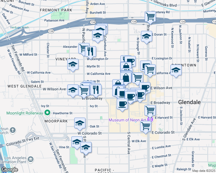 map of restaurants, bars, coffee shops, grocery stores, and more near 401 Salem Street in Glendale