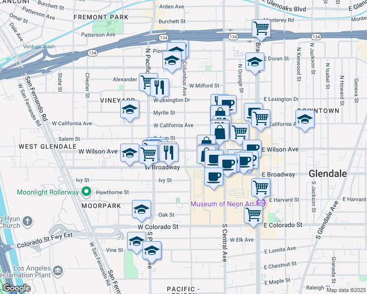 map of restaurants, bars, coffee shops, grocery stores, and more near 401 Salem Street in Glendale