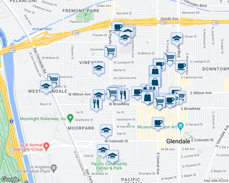 map of restaurants, bars, coffee shops, grocery stores, and more near 469 Salem Street in Glendale