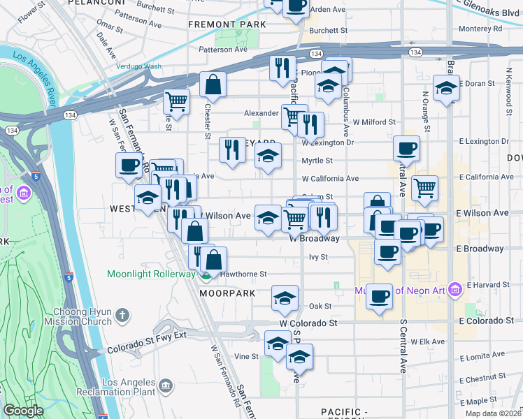 map of restaurants, bars, coffee shops, grocery stores, and more near 529 Salem Street in Glendale