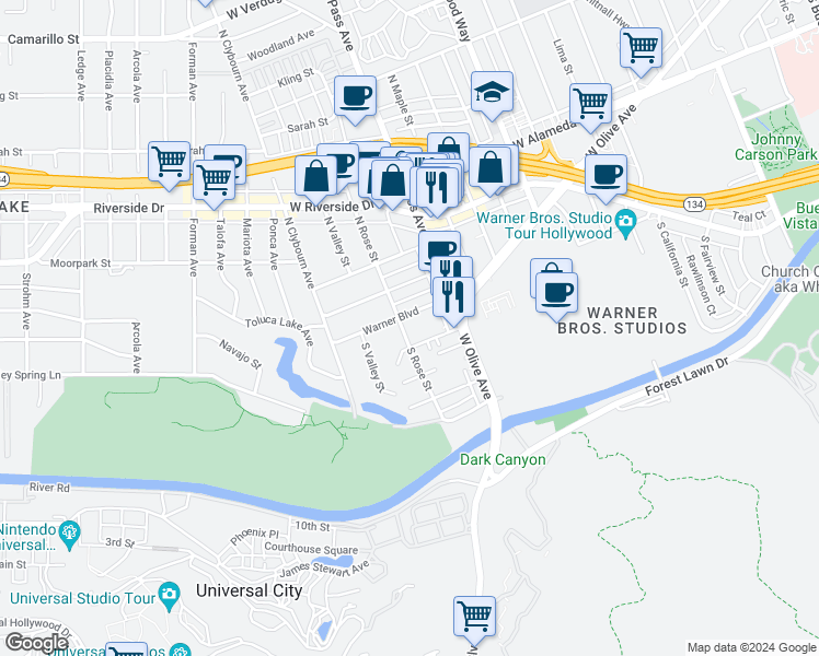 map of restaurants, bars, coffee shops, grocery stores, and more near 4129 Warner Boulevard in Burbank