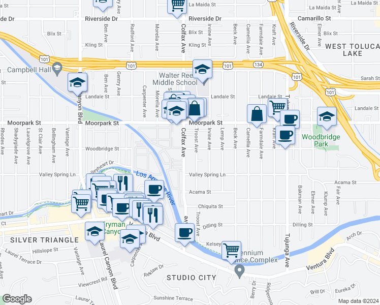 map of restaurants, bars, coffee shops, grocery stores, and more near 4356 Colfax Avenue in Los Angeles
