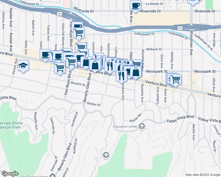 map of restaurants, bars, coffee shops, grocery stores, and more near 14225 Dickens Street in Los Angeles