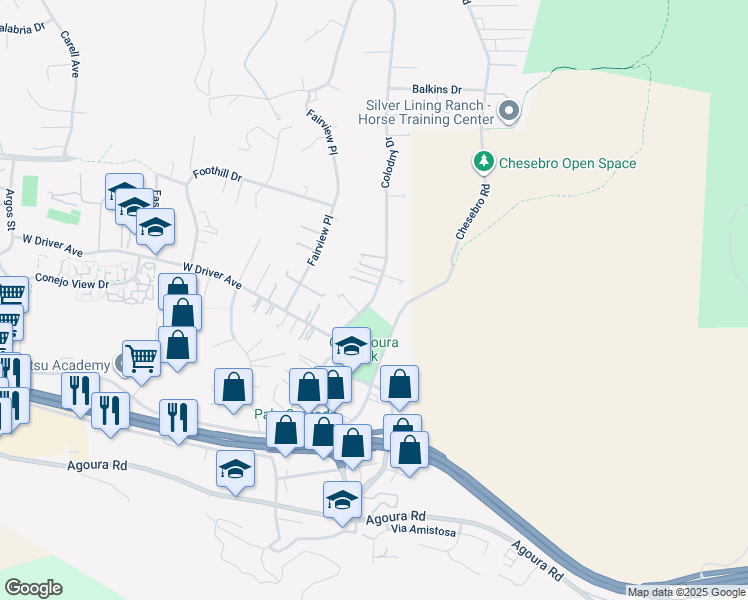 map of restaurants, bars, coffee shops, grocery stores, and more near 5535 Colodny Drive in Agoura Hills