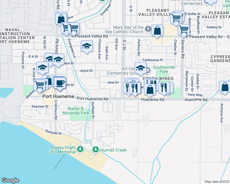 map of restaurants, bars, coffee shops, grocery stores, and more near 850 Jane Drive in Port Hueneme